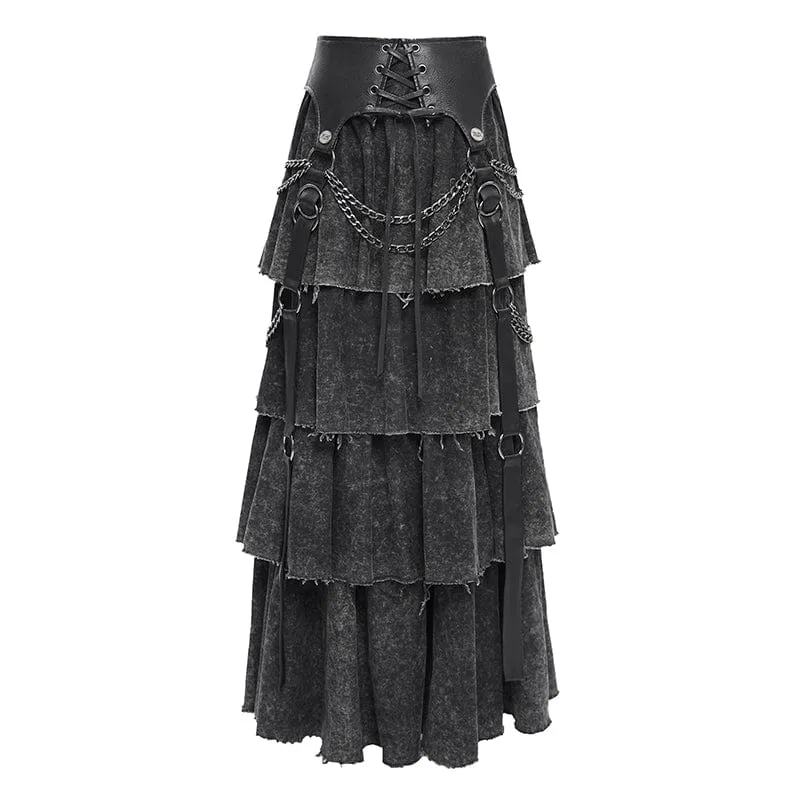 Damen Punk Distressed Lagenrock mit Schnürung