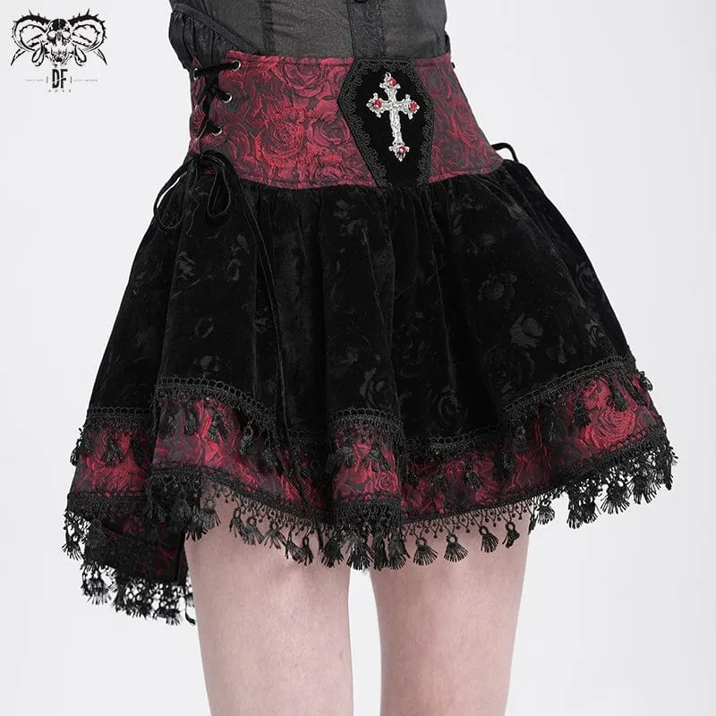 Gothic-Samtrock mit Kreuzquaste für Damen, Rot