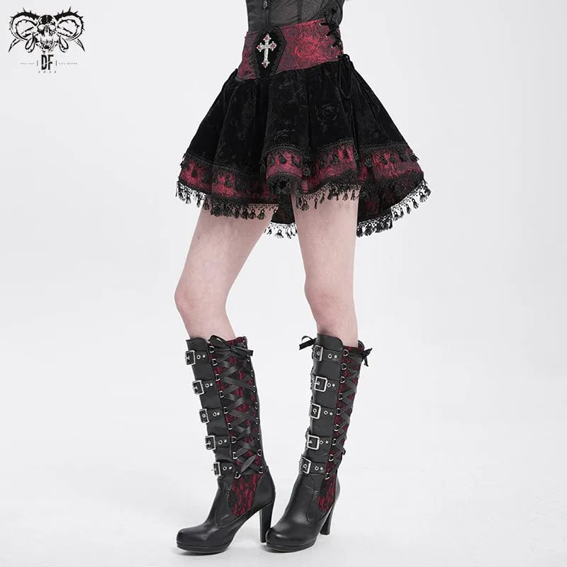 Gothic-Samtrock mit Kreuzquaste für Damen, Rot