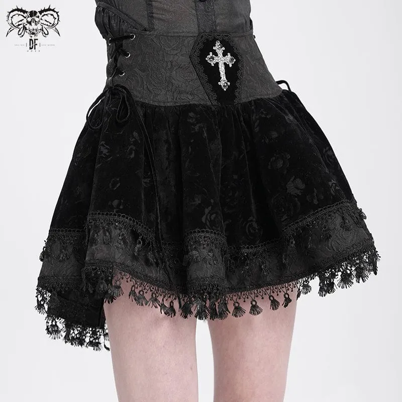 Gothic-Samtrock mit Kreuzquaste für Damen, Schwarz
