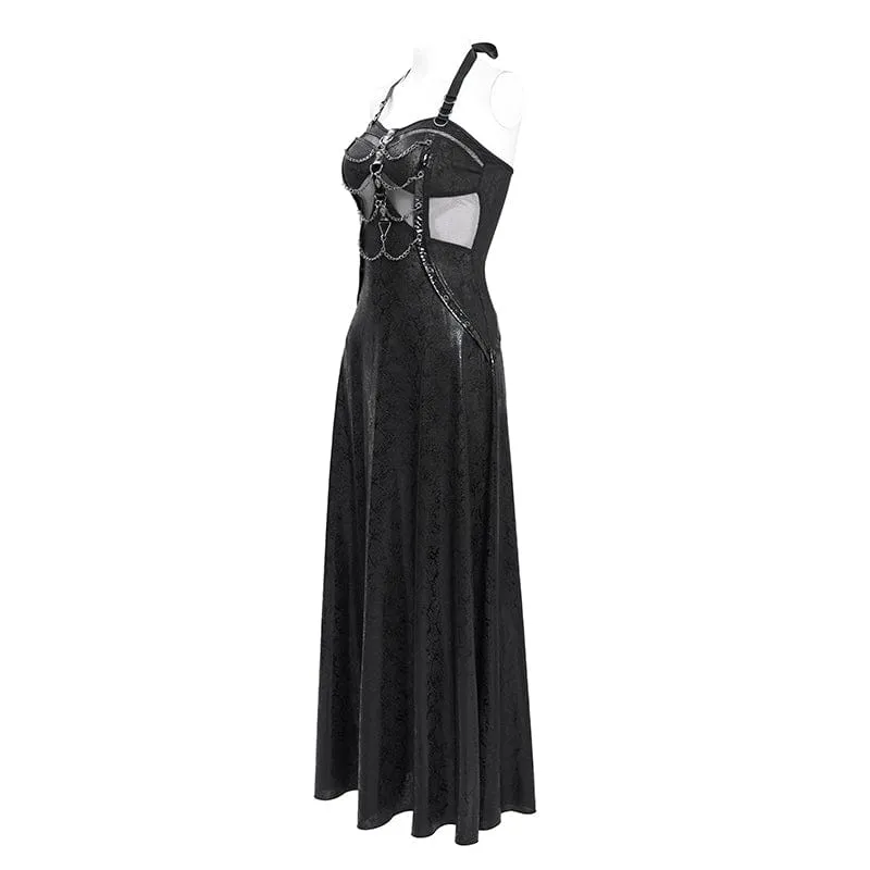 Damen Punk Mesh Splice Chained Neckholder Flitterwochen Kleid