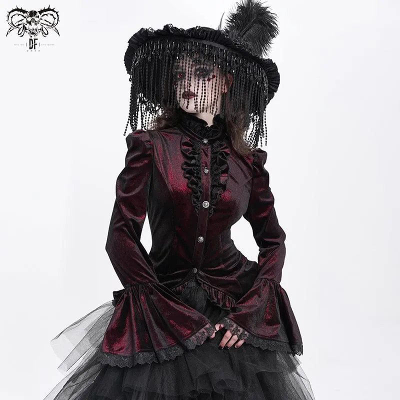 Gothic-Hemd mit ausgestellten Ärmeln, Rüschen und Schwalbenschwanz für Damen Rot