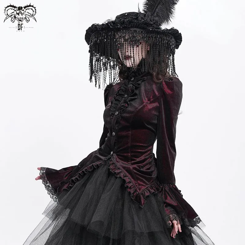 Gothic-Hemd mit ausgestellten Ärmeln, Rüschen und Schwalbenschwanz für Damen Rot