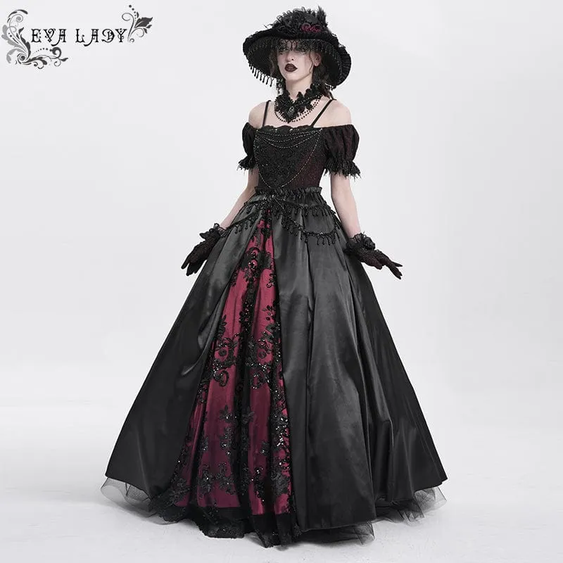 Rotes Gothic-Abendkleid mit schulterfreiem Spitzeneinsatz, auch als Hochzeitskleid geeignet.