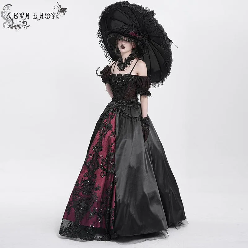 Rotes Gothic-Abendkleid mit schulterfreiem Spitzeneinsatz, auch als Hochzeitskleid geeignet.