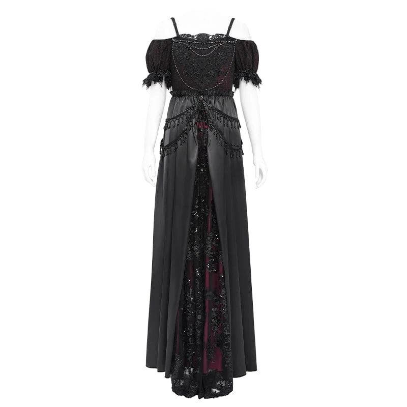 Rotes Gothic-Abendkleid mit schulterfreiem Spitzeneinsatz, auch als Hochzeitskleid geeignet.
