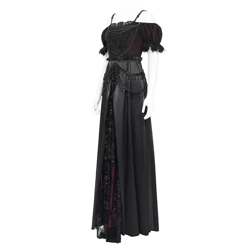 Rotes Gothic-Abendkleid mit schulterfreiem Spitzeneinsatz, auch als Hochzeitskleid geeignet.