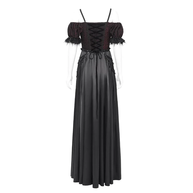 Rotes Gothic-Abendkleid mit schulterfreiem Spitzeneinsatz, auch als Hochzeitskleid geeignet.