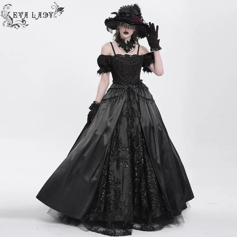 Schwarzes Gothic-Abendkleid mit schulterfreiem Spitzeneinsatz für Damen, auch als Hochzeitskleid geeignet.