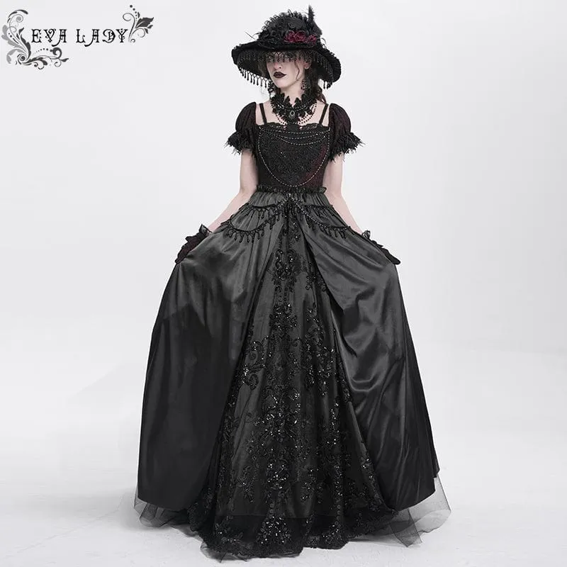 Schwarzes Gothic-Abendkleid mit schulterfreiem Spitzeneinsatz für Damen, auch als Hochzeitskleid geeignet.