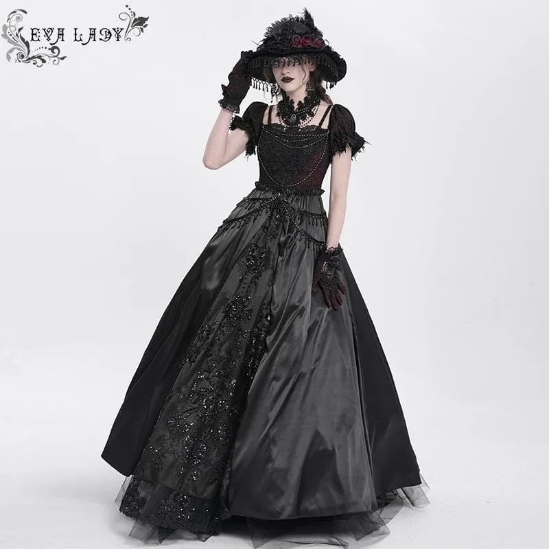 Schwarzes Gothic-Abendkleid mit schulterfreiem Spitzeneinsatz für Damen, auch als Hochzeitskleid geeignet.
