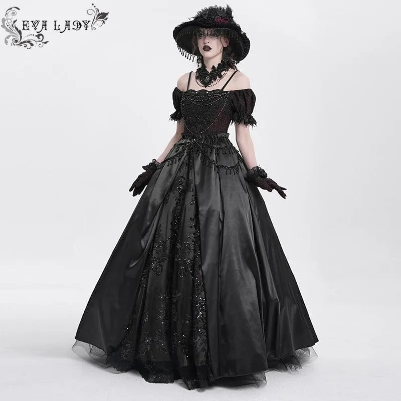 Schwarzes Gothic-Abendkleid mit schulterfreiem Spitzeneinsatz für Damen, auch als Hochzeitskleid geeignet.