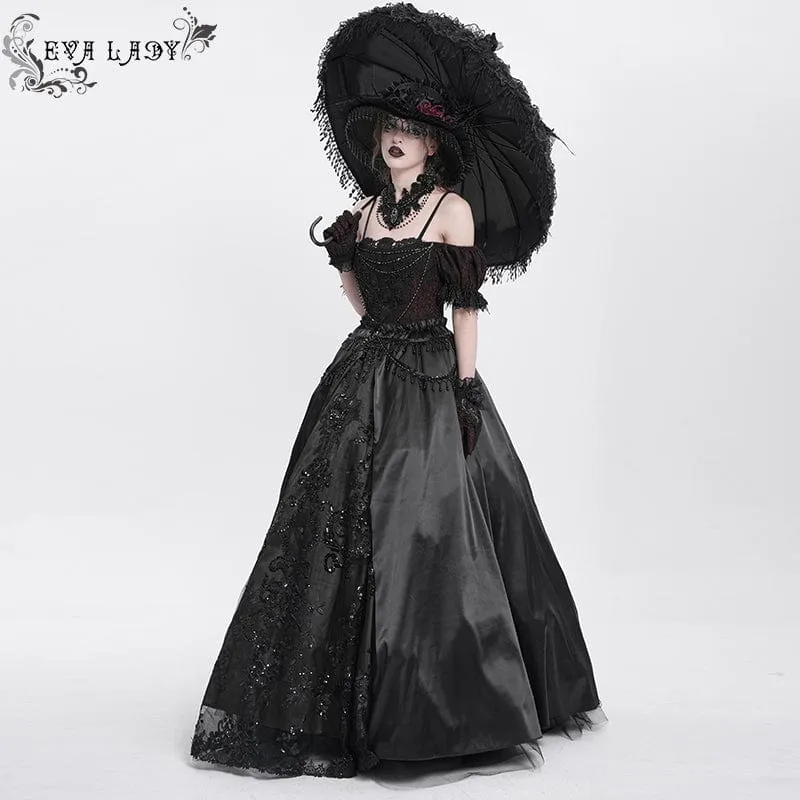 Schwarzes Gothic-Abendkleid mit schulterfreiem Spitzeneinsatz für Damen, auch als Hochzeitskleid geeignet.