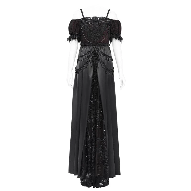 Schwarzes Gothic-Abendkleid mit schulterfreiem Spitzeneinsatz für Damen, auch als Hochzeitskleid geeignet.