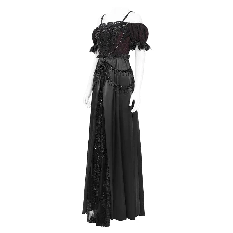 Schwarzes Gothic-Abendkleid mit schulterfreiem Spitzeneinsatz für Damen, auch als Hochzeitskleid geeignet.