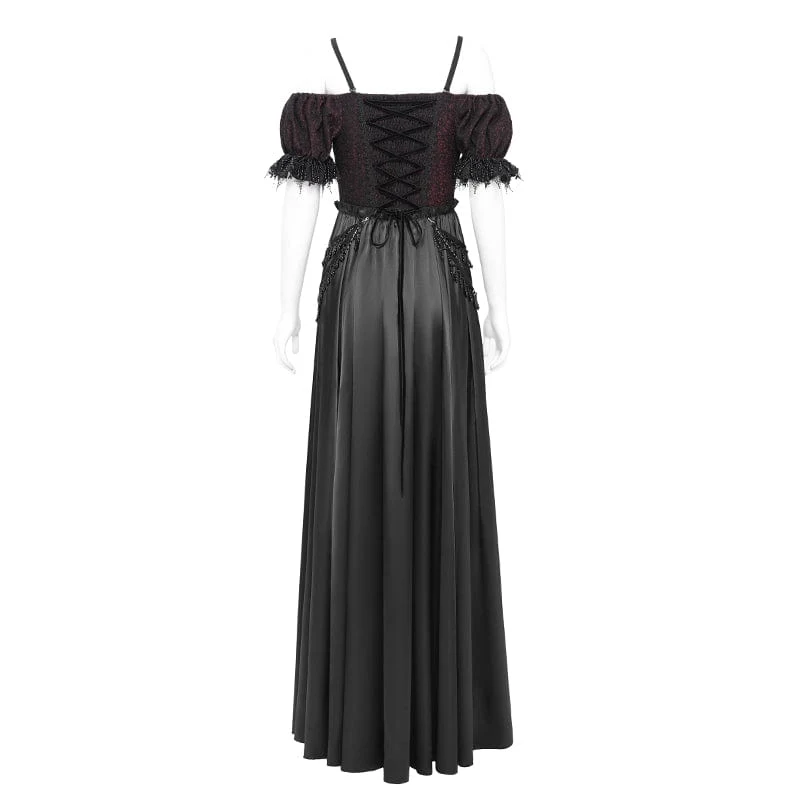 Schwarzes Gothic-Abendkleid mit schulterfreiem Spitzeneinsatz für Damen, auch als Hochzeitskleid geeignet.