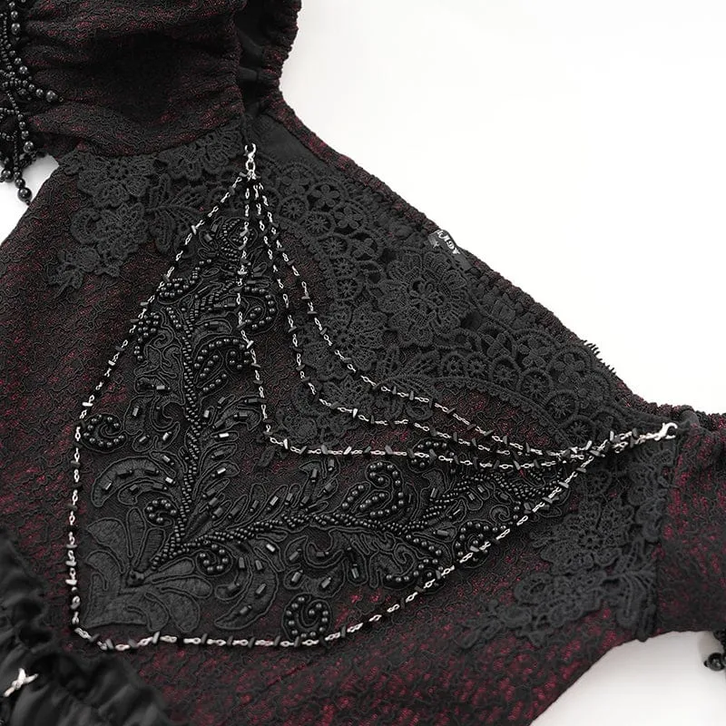 Schwarzes Gothic-Abendkleid mit schulterfreiem Spitzeneinsatz für Damen, auch als Hochzeitskleid geeignet.