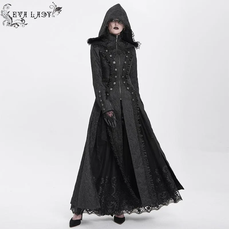 Gothic-Mantel mit Stehkragen und Rüschen für Damen mit Kapuze