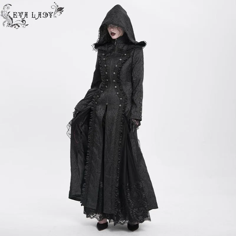 Gothic-Mantel mit Stehkragen und Rüschen für Damen mit Kapuze