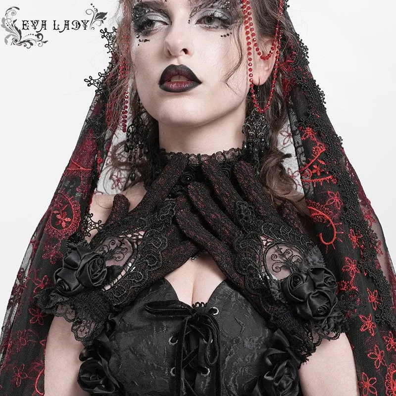 Gothic-Handschuhe mit Blumenstickerei und Rosenspitze für Damen, Rot