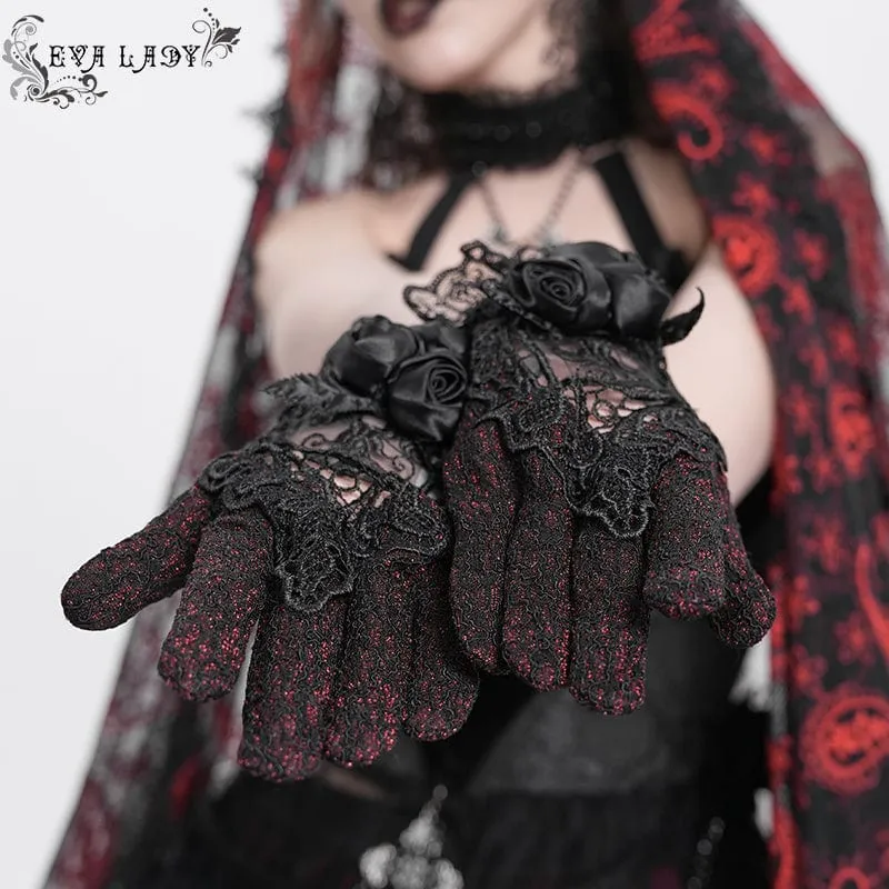 Gothic-Handschuhe mit Blumenstickerei und Rosenspitze für Damen, Rot