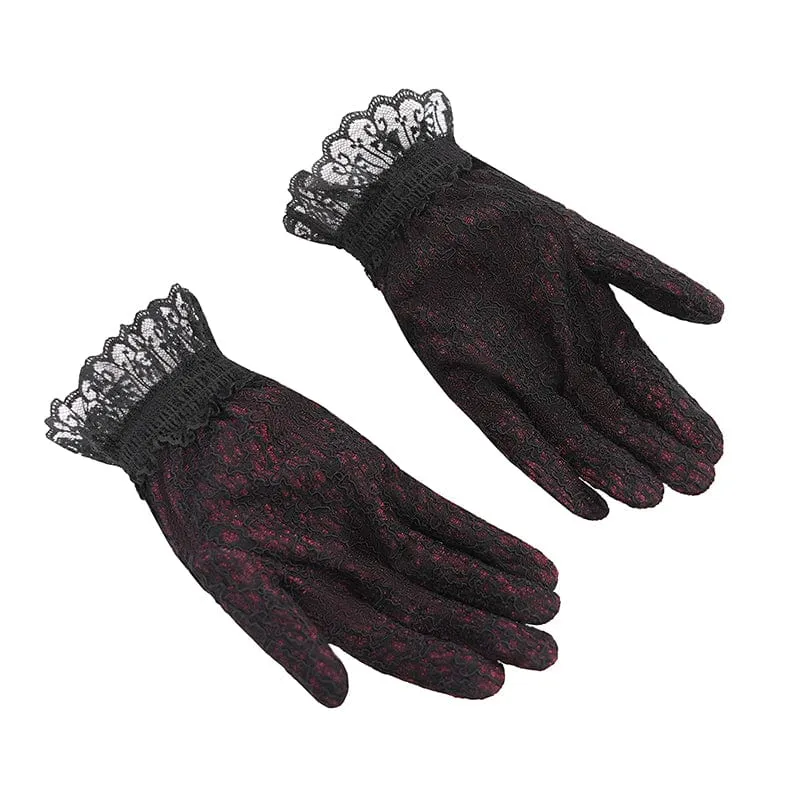 Gothic-Handschuhe mit Blumenstickerei und Rosenspitze für Damen, Rot
