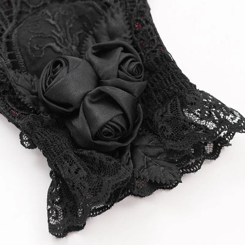 Gothic-Handschuhe mit Blumenstickerei und Rosenspitze für Damen, Rot