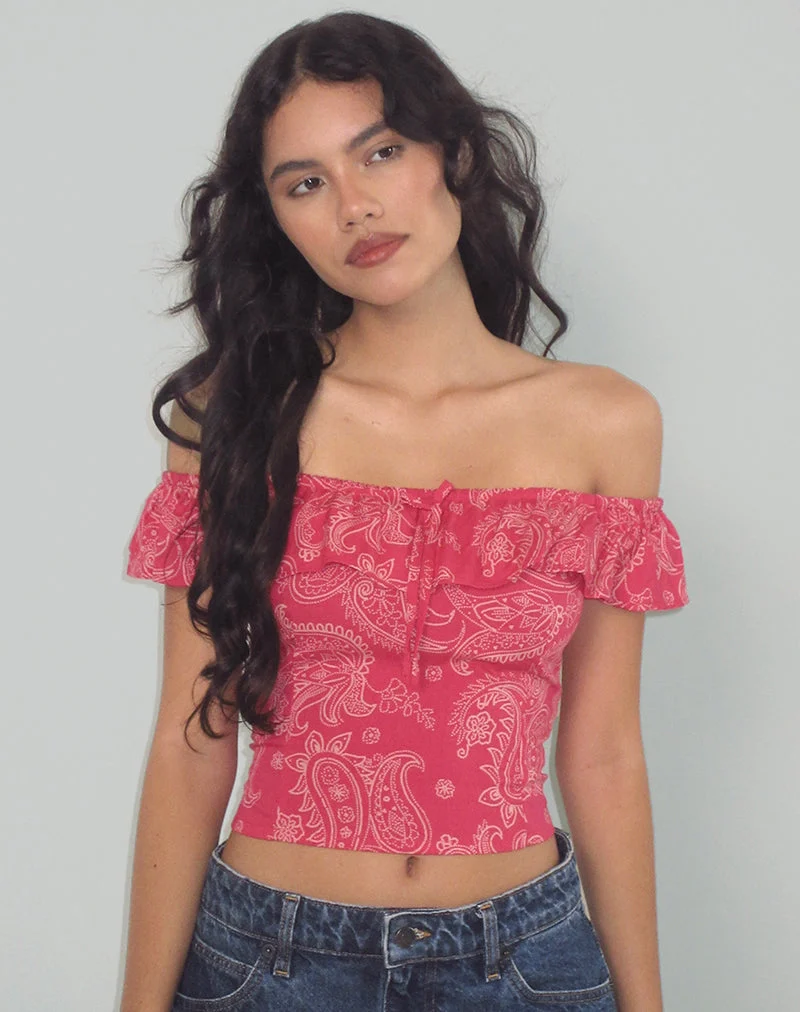 Yokai Bardot Top in Retro Paisley Rosa