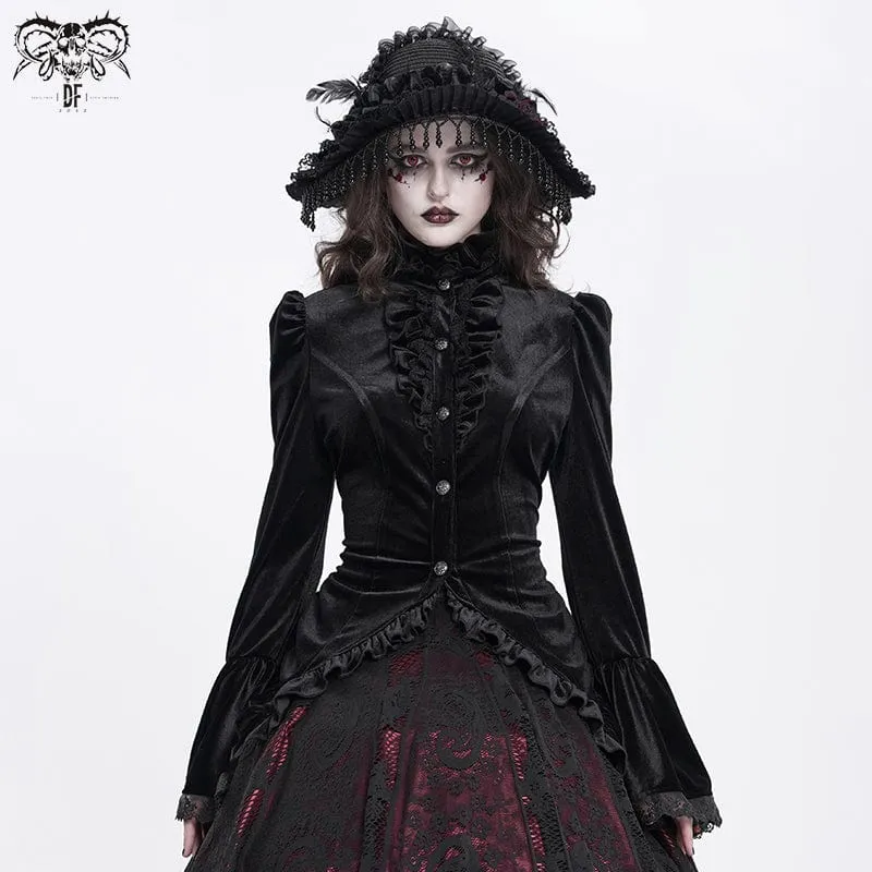 Gothic-Hemd mit ausgestellten Ärmeln, Rüschen und Schwalbenschwanz für Damen in Schwarz