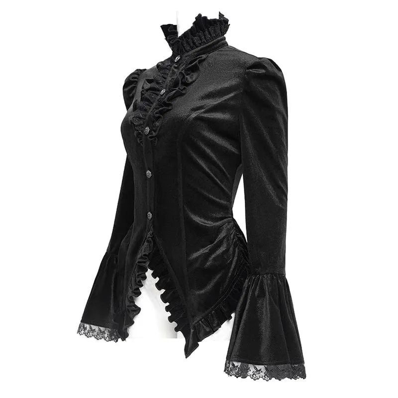 Gothic-Hemd mit ausgestellten Ärmeln, Rüschen und Schwalbenschwanz für Damen in Schwarz