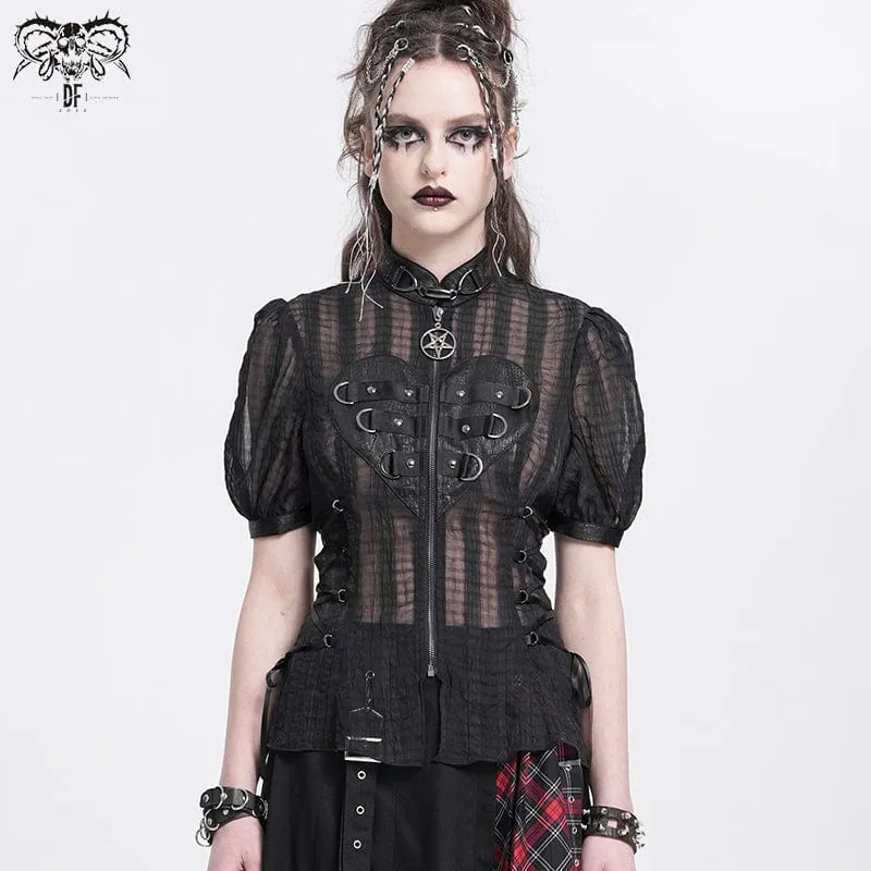 Transparentes Gothic-Shirt mit Stehkragen und Puffärmeln für Damen