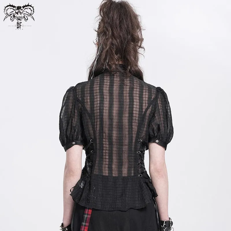 Transparentes Gothic-Shirt mit Stehkragen und Puffärmeln für Damen