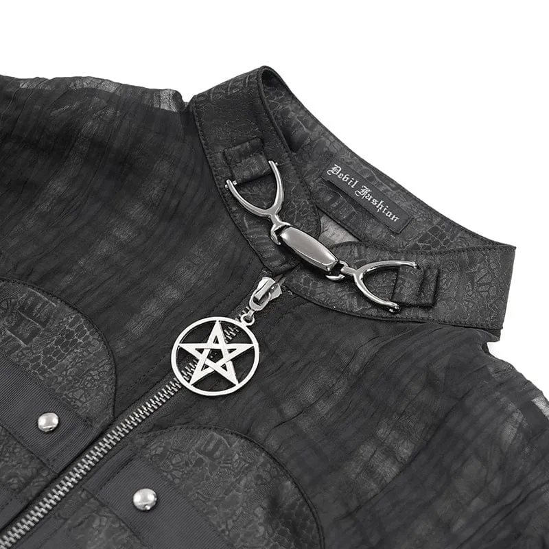 Transparentes Gothic-Shirt mit Stehkragen und Puffärmeln für Damen