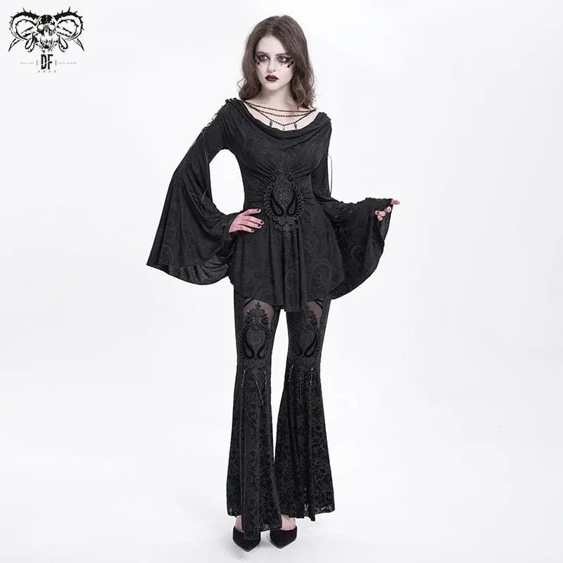 Schlaghose aus Samt mit Blumenstickerei im Gothic-Stil für Damen