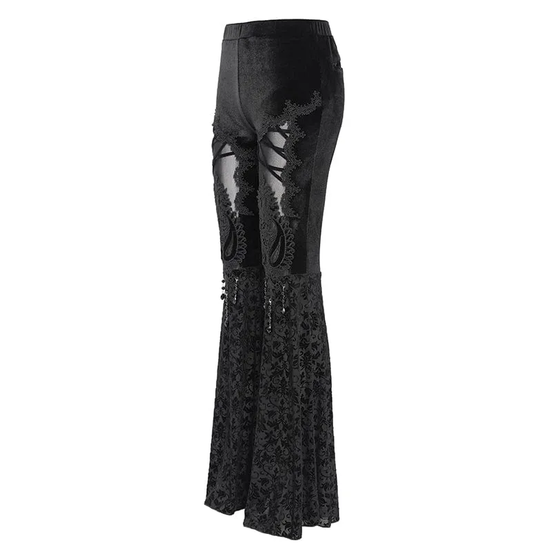 Schlaghose aus Samt mit Blumenstickerei im Gothic-Stil für Damen