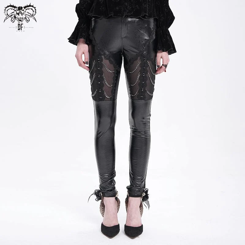Gothic-Hose aus Kunstleder mit Kettenverzierung und Spitze für Damen