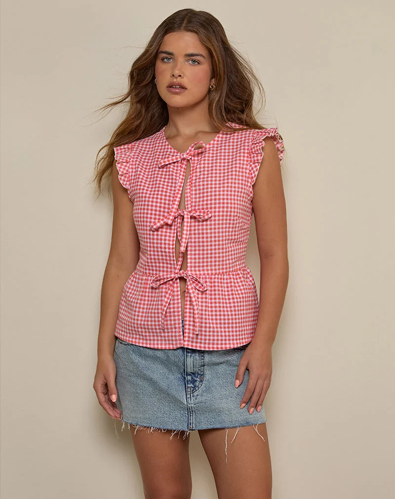 Vataka Tie Front Top In Mini Gingham Pfirsich
