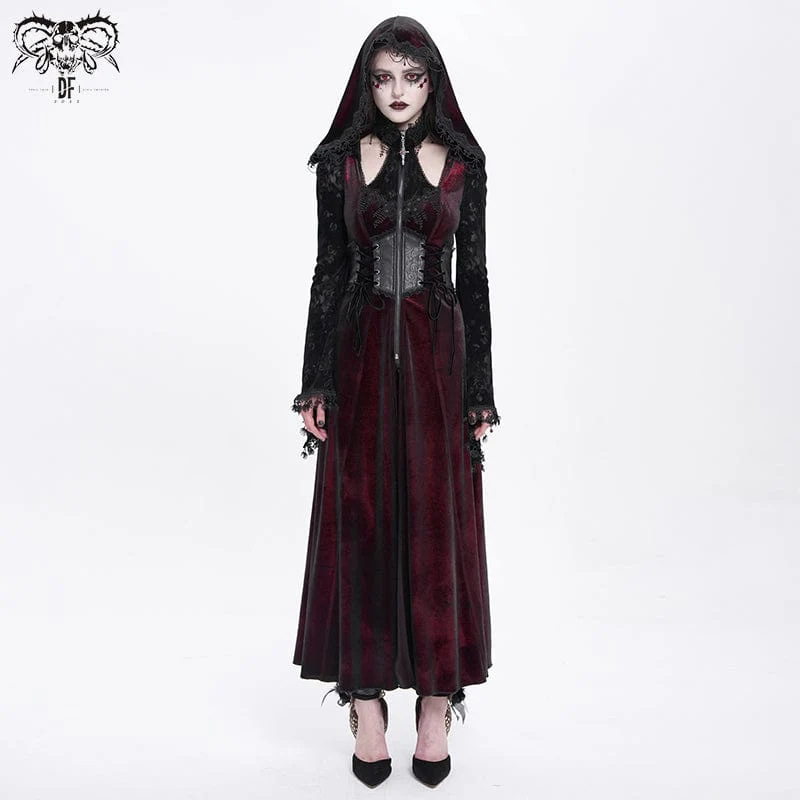 Gothic Cutout Beflockter Samtmantel für Damen mit Kapuze Rot