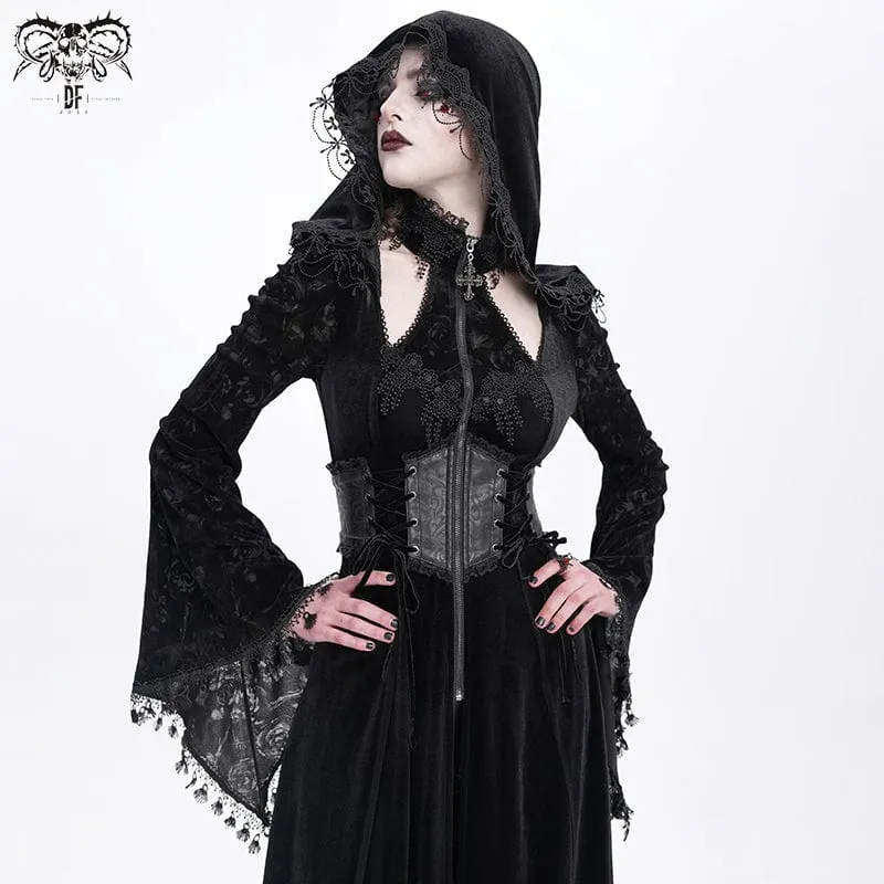 Gothic Cutout Beflockter Samtmantel für Damen mit Kapuze Schwarz
