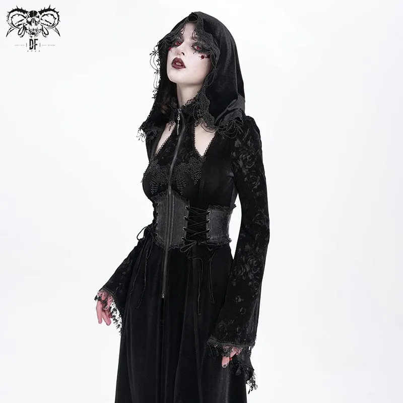 Gothic Cutout Beflockter Samtmantel für Damen mit Kapuze Schwarz