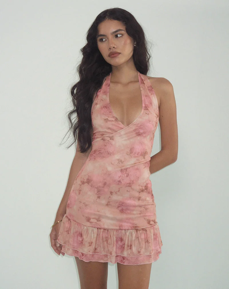 Yoriko Minikleid mit Rollkragen in Smoky Floral Pfirsich