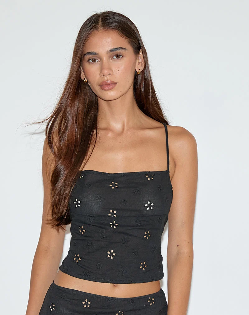 Nobita Cami Top aus Blumenbroderie Schwarz