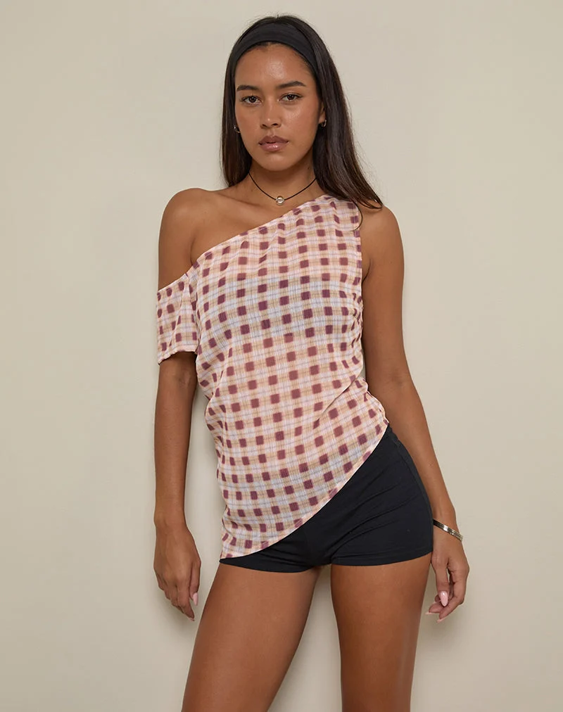 Hea Top aus Chiffon mit verschwommenem Karo Pfirsich