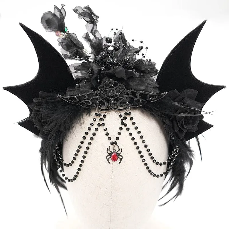 Gothic-Kopfbedeckung mit Fledermausflügeln und Rosenfedern für Damen