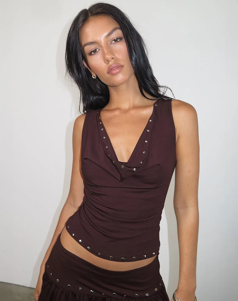 Slater Nieten-Top aus Rayon Jersey Bitter Chocolate