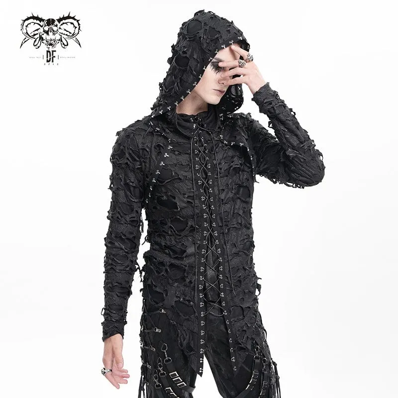Zerrissene Gothic-Kapuzenpullover mit Schnürung und Nieten für Herren