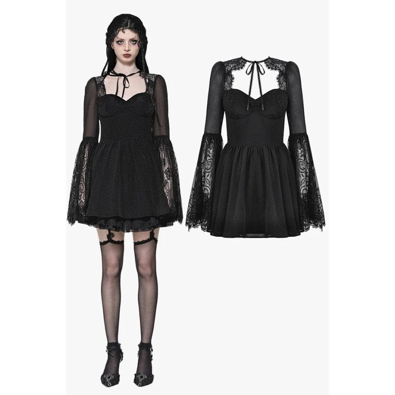Gothic-Abendkleid mit ausgestellten Ärmeln und Spitzeneinsatz für Damen, Abschlusskleid