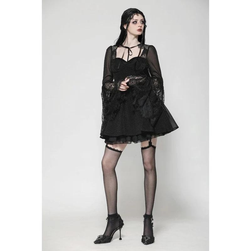 Gothic-Abendkleid mit ausgestellten Ärmeln und Spitzeneinsatz für Damen, Abschlusskleid