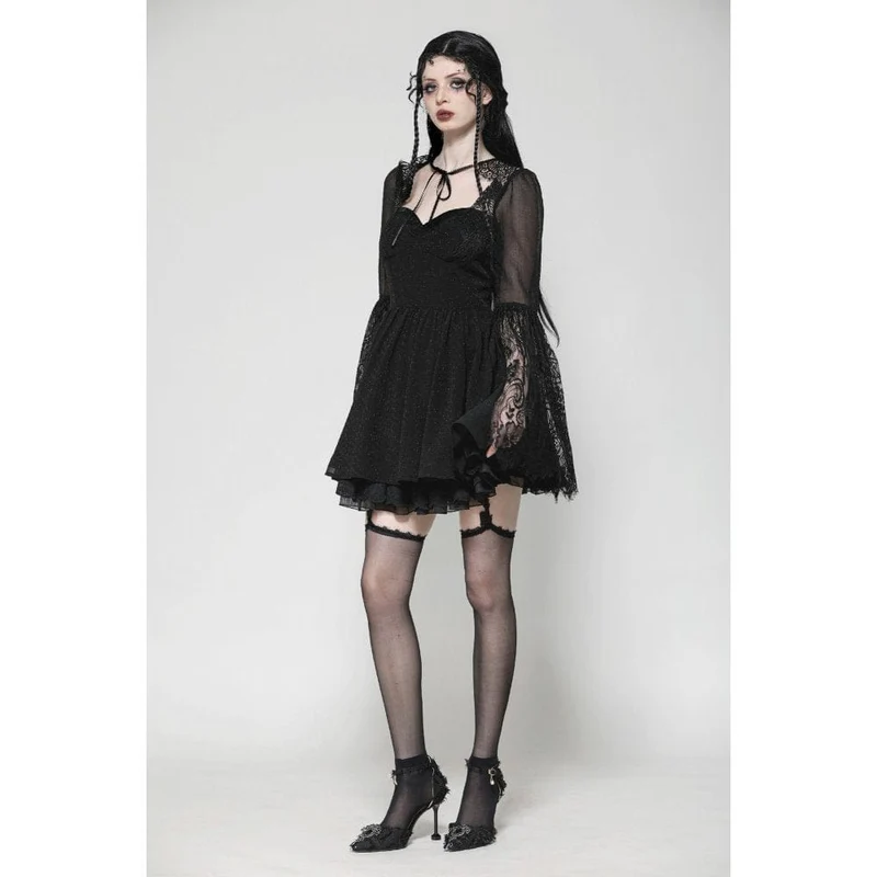 Gothic-Abendkleid mit ausgestellten Ärmeln und Spitzeneinsatz für Damen, Abschlusskleid