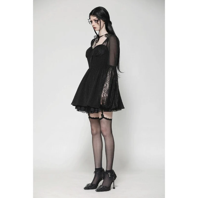 Gothic-Abendkleid mit ausgestellten Ärmeln und Spitzeneinsatz für Damen, Abschlusskleid